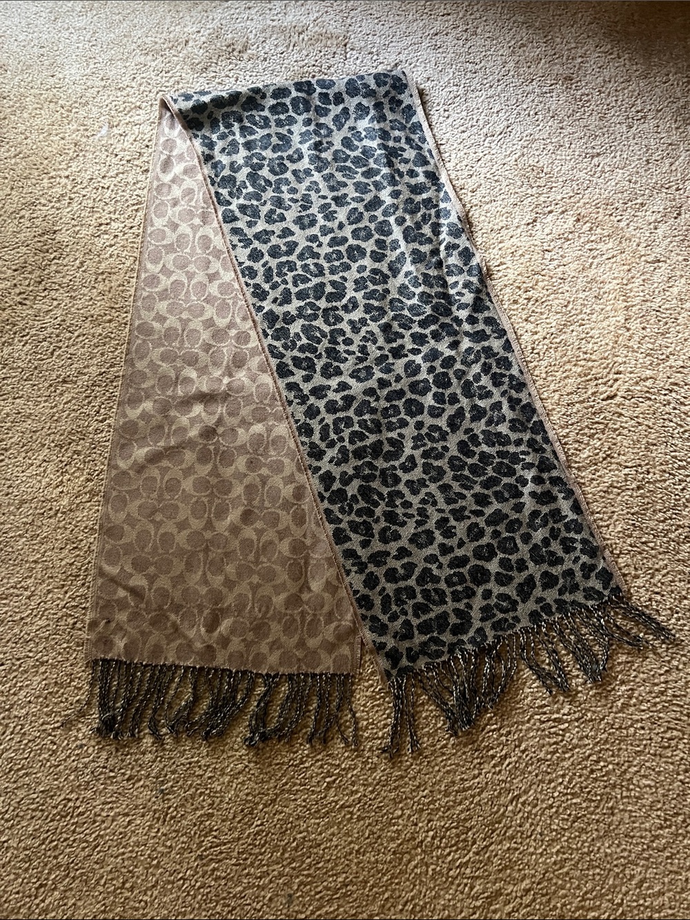 Coach Reversible Leopard Print & Signature Jacquard Scarf